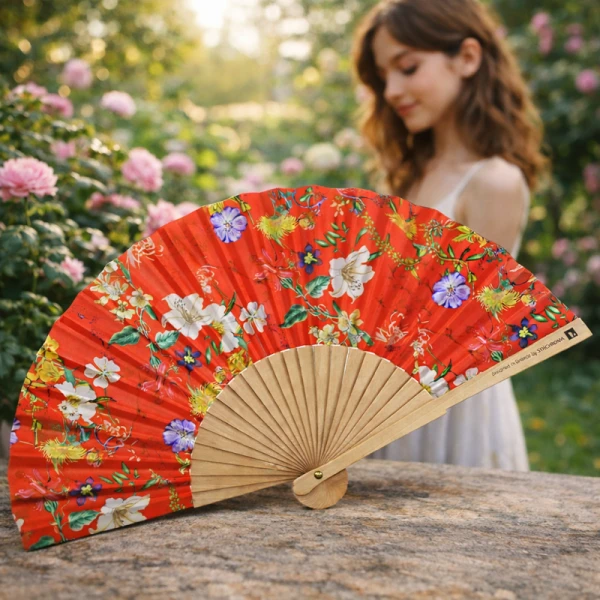 WOODEN FAN 23cm. - RED FLORAL
