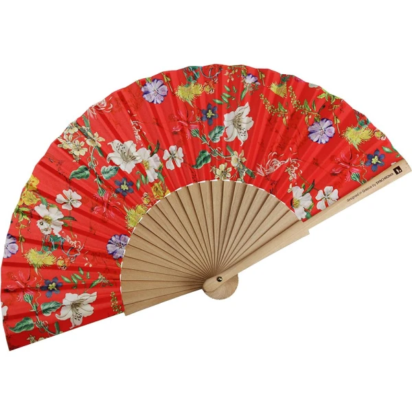 WOODEN FAN 23cm. - RED FLORAL