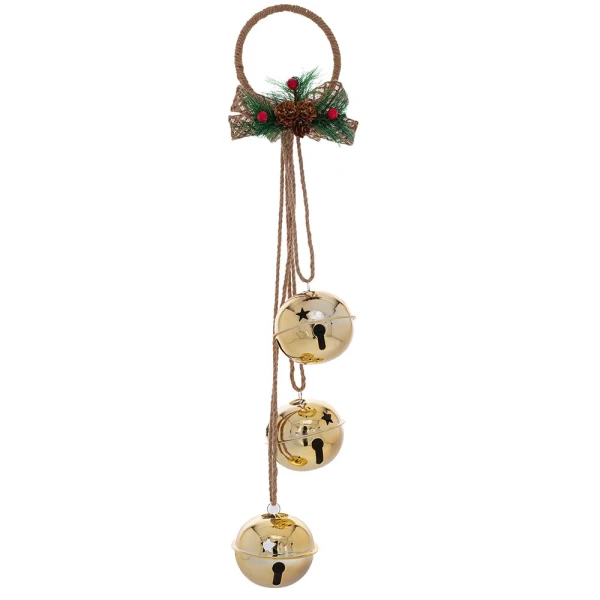 GOLD METAL HANGING BELLS X3 WITH JUTE ROPE 11X49 CM