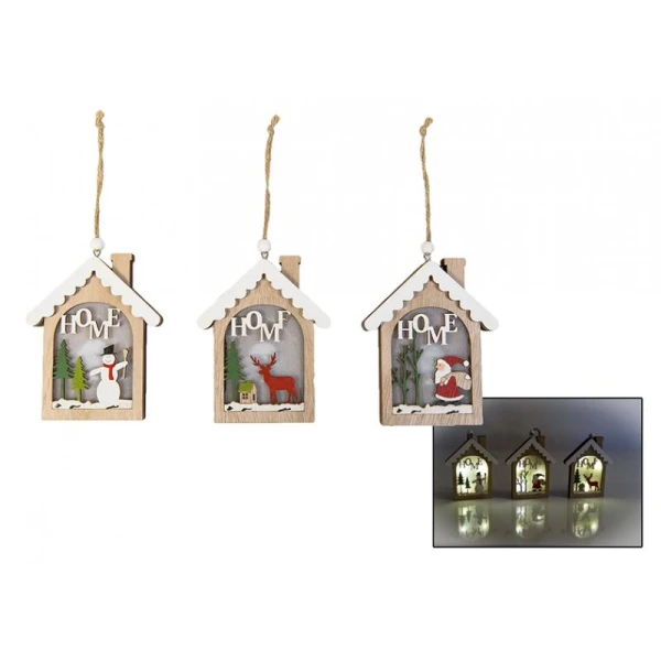 HANGING WOODEN HOUSE WITH LIGHT 12 cm - 3 DESIGNS