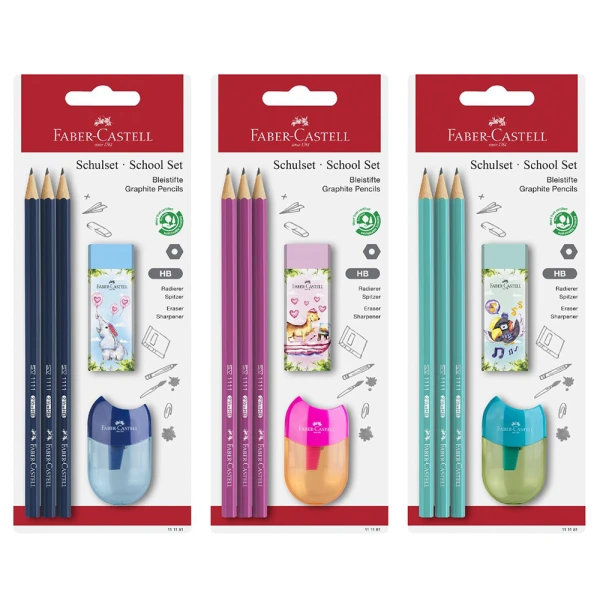 FABER-CASTELL ΣΕΤ 3 ΧΡΩΜΑΤΙΣΤΑ ΜΟΛΥΒΙΑ ΗΒ ΜΕ ΓΟΜΑ JUNGLE ΚΑΙ ΞΥΣΤΡΑ APPLE - 3 ΣΧΕΔΙΑ