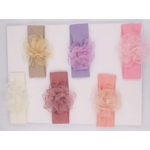 KIDS HAIR RIBBON WITH TULLE FLOWER - 6 COLOURS