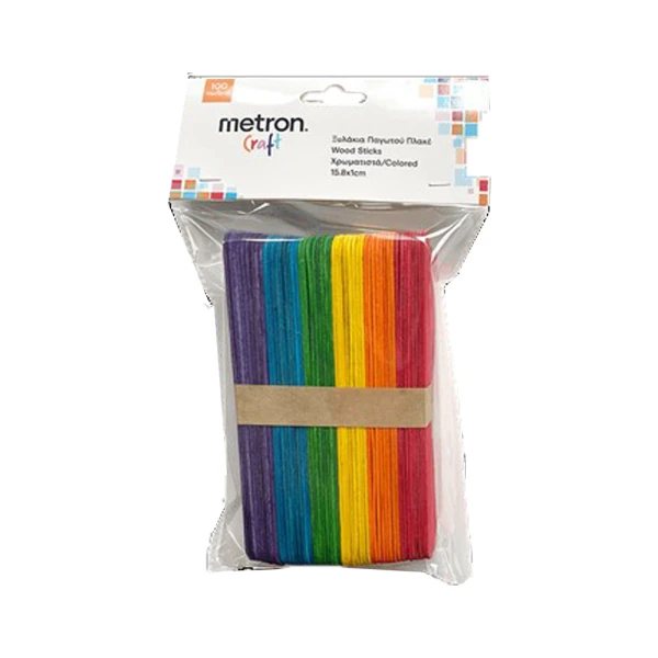 METRON CRAFT FLAT WOODEN CRAFT STICKS – ASSORTED COLOURS 100 PCS