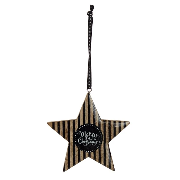 WOODEN HANGING ORNAMENTS STAR & TREE WITH BLACK STRIPE - 6 DESIGNS