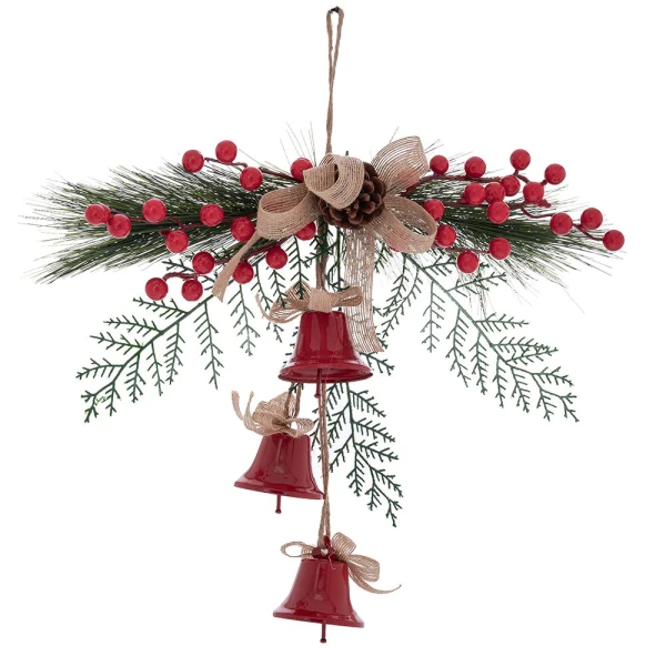 XMAS RED METAL BELLS WITH BERRIES 30X45 CM
