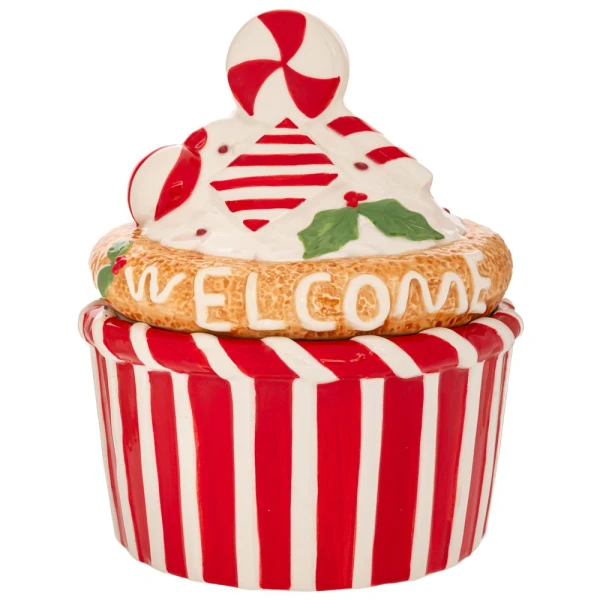 RED WHITE CHRISTMAS CERAMIC COOKIE JAR CUPCAKE DESIGN 18X18X22 CM