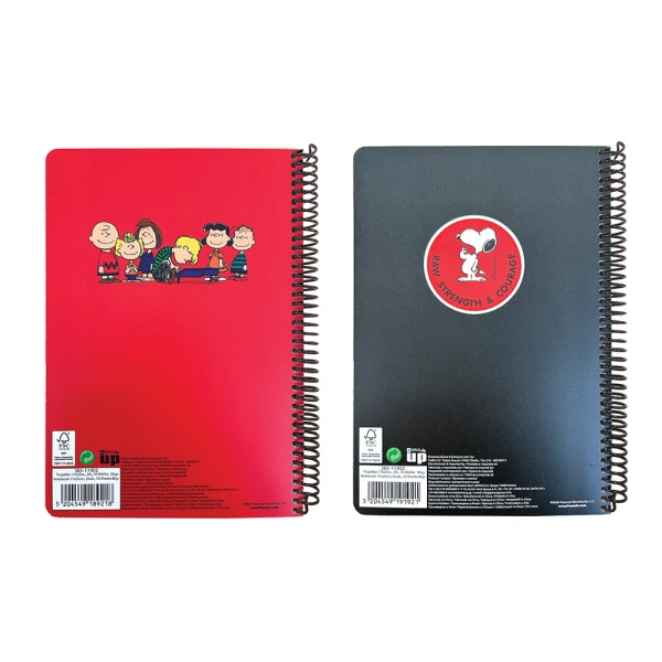 BACK ME UP SPIRAL NOTEBOOK 17x25 2 SUBJECTS 70 SHEETS PEANUTS BLACK & RED - 2 DESIGNS