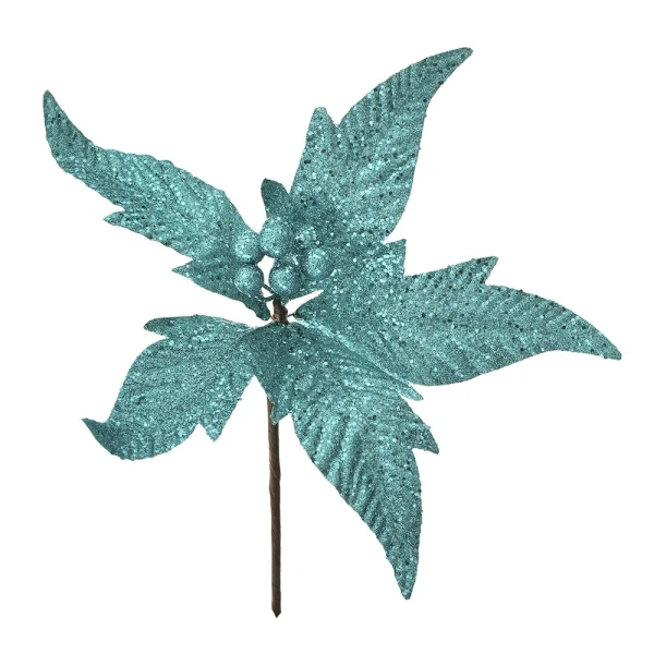 TURQUOISE GLITTER POINSETTIA PICK 25 CM