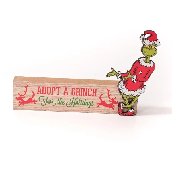 TABLETOP WOODEN DECORATIVE ADOPT A GRINCH FOR THE HOLIDAYS 15X11 cm