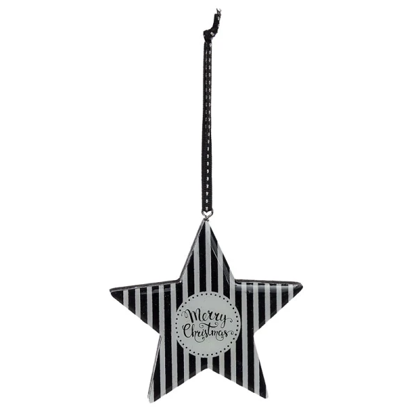 WOODEN HANGING ORNAMENTS STAR & TREE WITH BLACK STRIPE - 6 DESIGNS
