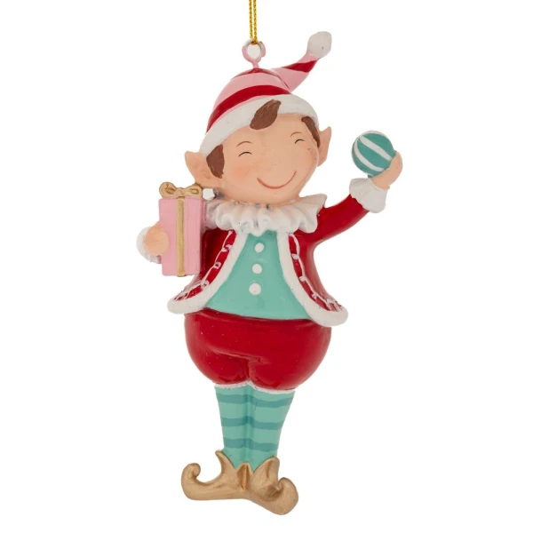 LIGHT BLUE RED  RESIN HANGING ELF WITH CHRISTMAS BALL 6.5X4X12.5 CM