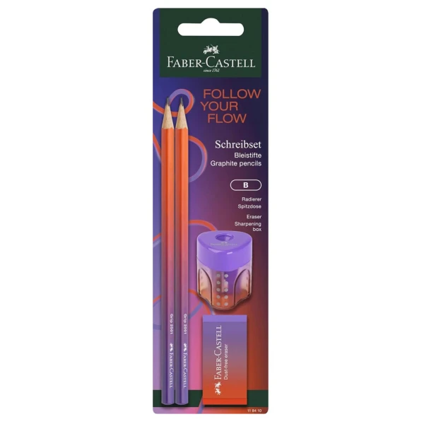 FABER-CASTELL SET 2 TRIANGULAR PENCILS ERASER AND AUTO SHARPENER FLOW PUNCHY RED-PURPLE