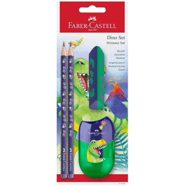 FABER-CASTELL SET 2 PENCILS ERASER DF AND DPUBLE APPLE SHARPENER DINOSAUR