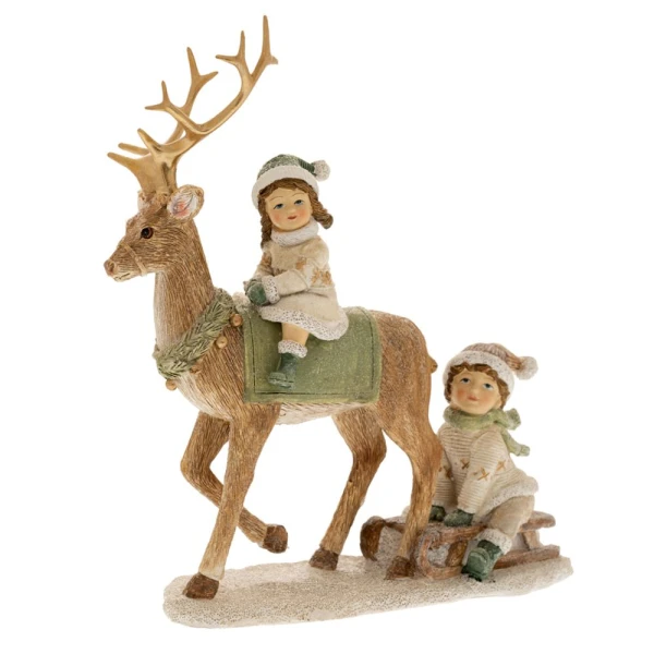 XMAS RESIN KIDS SITTING ON A DEER 21X10.5X21CM