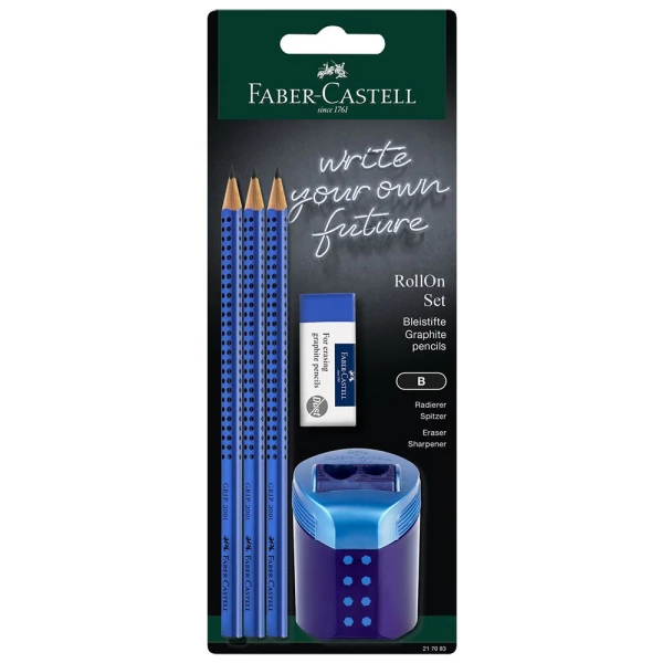 FABER-CASTELL SET 3 GRIP PENCILS MEDIUM ERASER DF AND ROLL ON SHARPENER BLUE