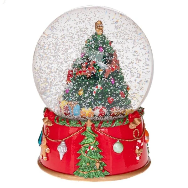 RED RESIN WINDING WATER GLOBE WITH TREE AND MUSIC D12,5X16,5 CM