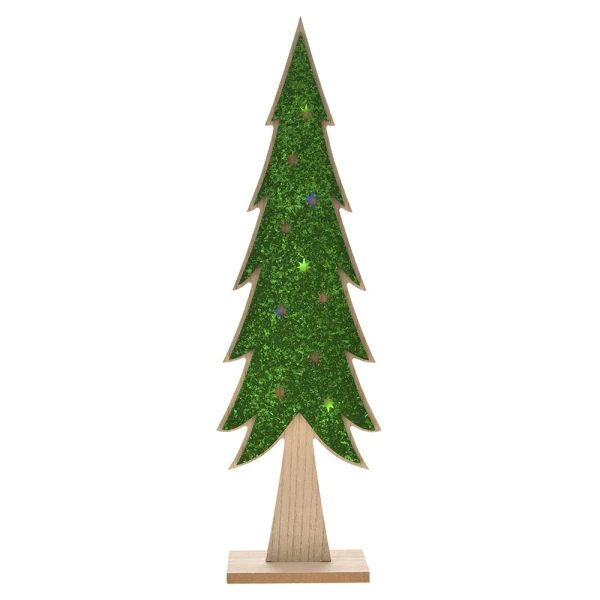 XMAS LIT-UP GREEN GLITTER WOODEN CHRISTMAS TREE 15X8X48 CM 10 LED