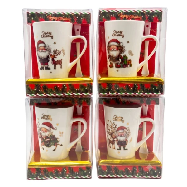 WHITE CERAMIC MUG WITH SANTA CLAUS AND SPOON IN A GIFT BOX - 4 DESIGNS