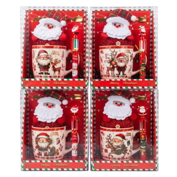 WHITE CERAMIC MUG WITH SANTA CLAUS SPOON PEN AND PLUSH IN GIFT BOX - 4 DESIGNS