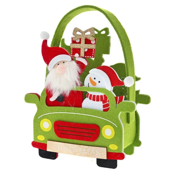 XMAS GREEN RED FELT BASKET CAR 18X8X20 CM