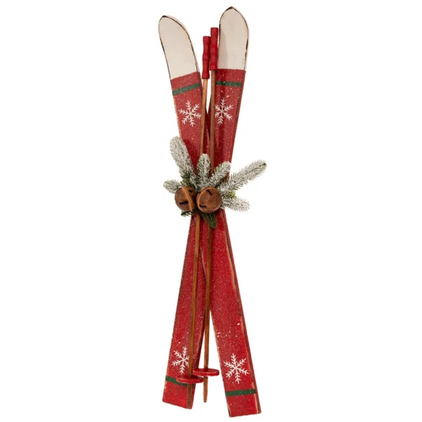 RED WOODEN ANTIQUE SKIS AND POLES 25X9X75 CM
