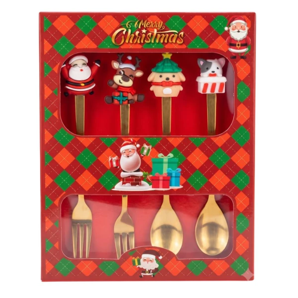 SET OF 4 GOLD SPOONS & FORKS WITH CHRISTMAS DECORATIONS 13 CM