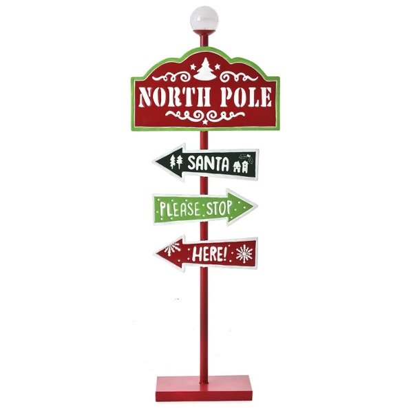 XMAS RED METAL SIGN NORTH POLE BATTERY WITH LIGHT 45Χ16Χ118 cm