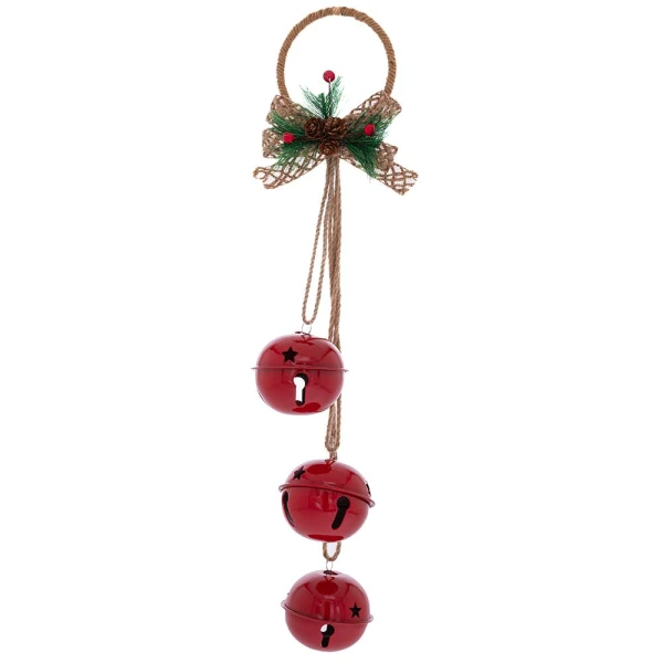 RED METAL HANGING BELLS X3 WITH JUTE ROPE 11X49 CM