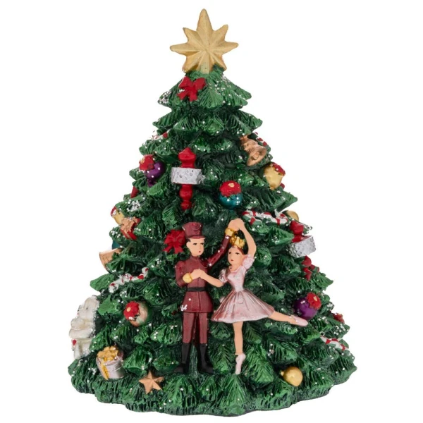 GREEN POLYRESIN WINDING TREE WITH NUTCRACKER DANCER AND MUSIC D12X16 CM