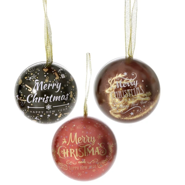 XMAS DECO TIN BALL BOX D7 cm MERRY CHRISTMAS - 3 COLOURS