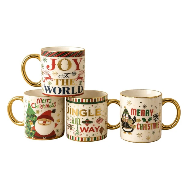 MULTICOLOR CERAMIC MUG WITH GOLD TRIM AND WISHES 340ml - 4 DESIGNS