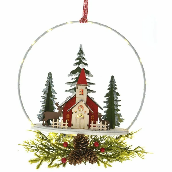 ΧΜΑS HANGING WREATH WITH BATTERY LIGHTED WOODEN HOUSE 27 CM