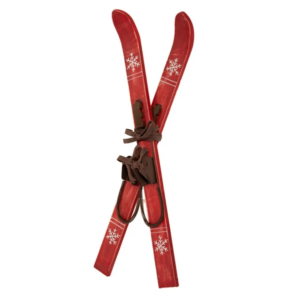 XMAS DECORATIVE RED WOODEN ANTIQUE SKIS AND POLES 25X7X57 CM