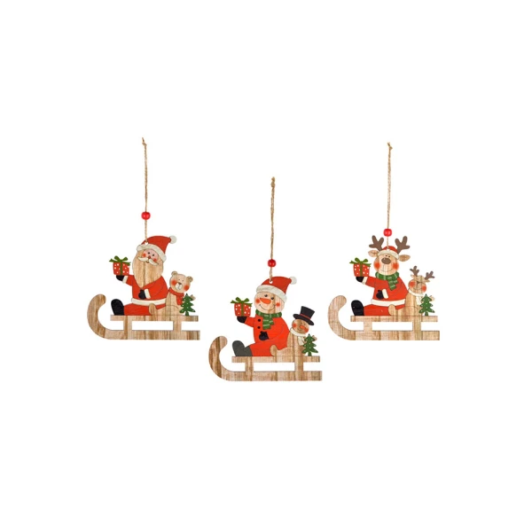 CHRISTMAS WOODEN ORNAMENT SLEIGH 14 cm - 3 DESIGNS
