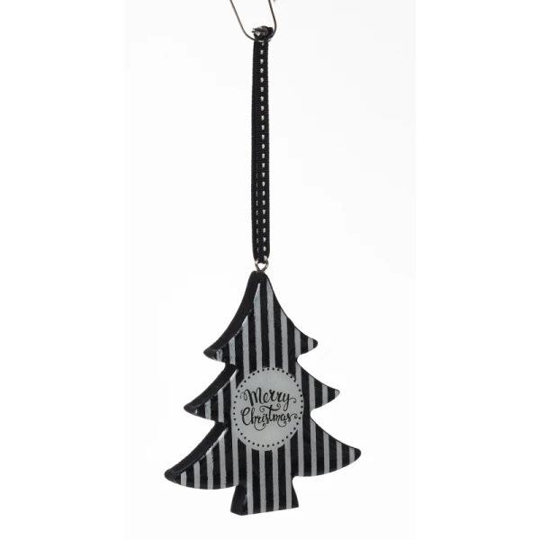 WOODEN HANGING ORNAMENTS STAR & TREE WITH BLACK STRIPE - 6 DESIGNS