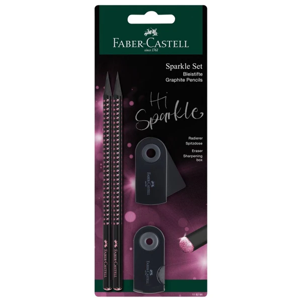 FABER-CASTELL SET 2 PENCILS SPARKLE II MIDNIGHT PINK WITH MINI SLEEVE SHARPENER AND ERASER 