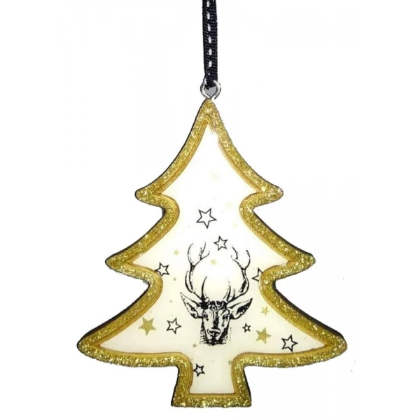 WOODEN HANGING ORNAMENTS STAR & TREE WITH GOLD OUTLINE - 4 DESIGNS