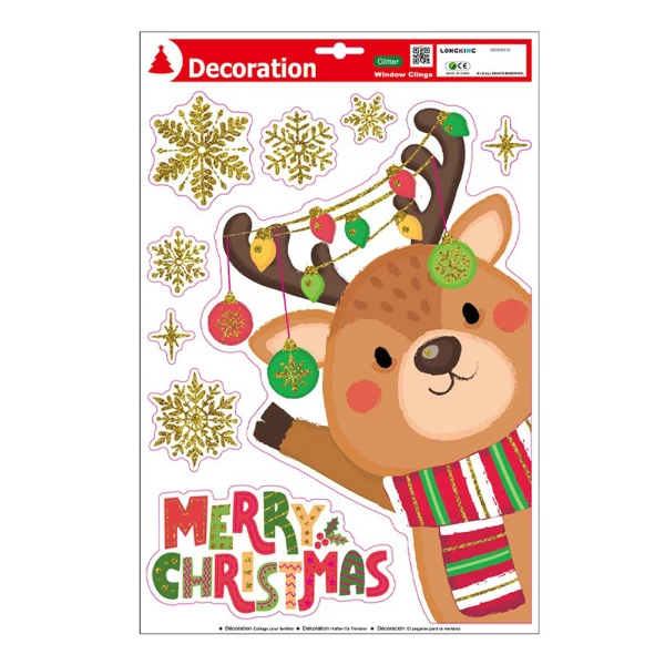 WINDOW DECORATIVE STICKERS WITH GLITTER SANTA CLAUS AND REINDEER - 2 DESIGNS