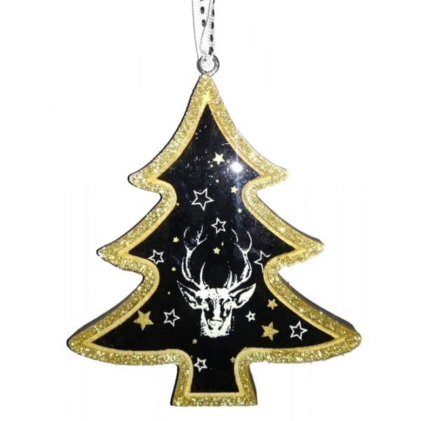 WOODEN HANGING ORNAMENTS STAR & TREE WITH GOLD OUTLINE - 4 DESIGNS