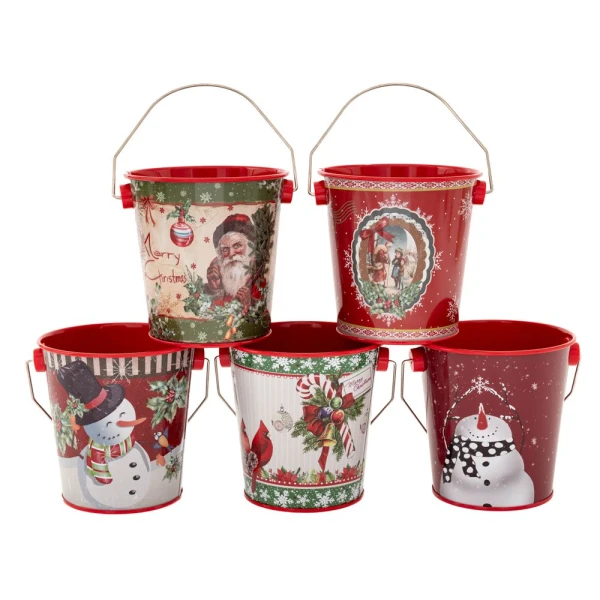 ROUND TIN BUCKET WITH CHRISTMAS FIGURE 10X8X10 CM -SEVERAL  DESIGNS