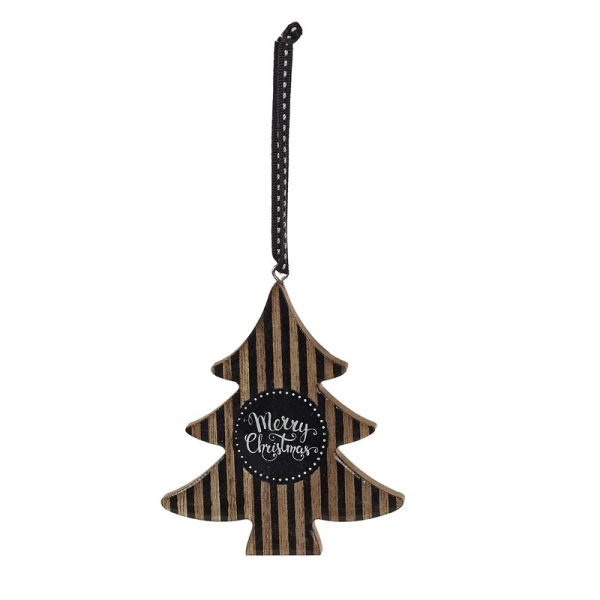 WOODEN HANGING ORNAMENTS STAR & TREE WITH BLACK STRIPE - 6 DESIGNS