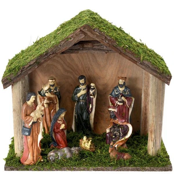 WOODEN NATIVITY WITH 8 POLYRESIN FIGURES 31X16X26 cm