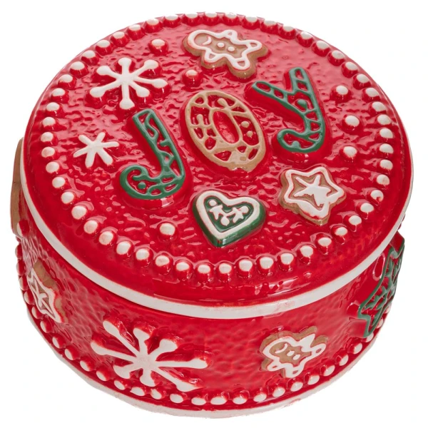 RED CERAMIC ROUND COOKIE JAR JOY WITH EMBOSSED SWEET DESIGNS 13X13X7 CM