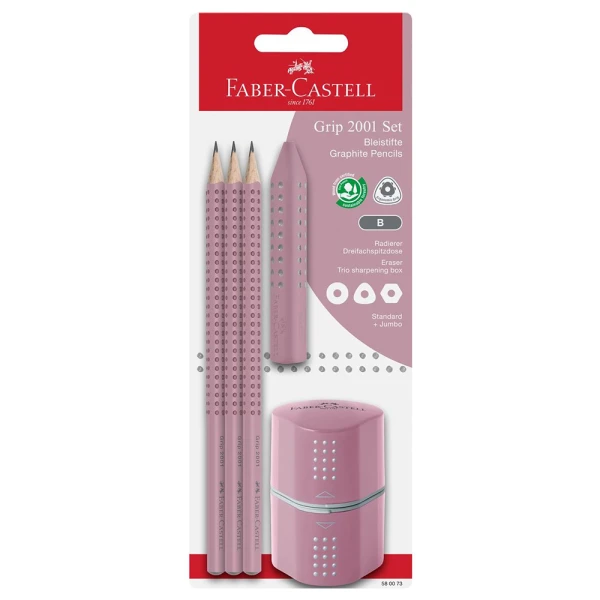 FABER-CASTELL SET 3 PENCILS GRIP WITH SHARPENER AND ERASER ROSE