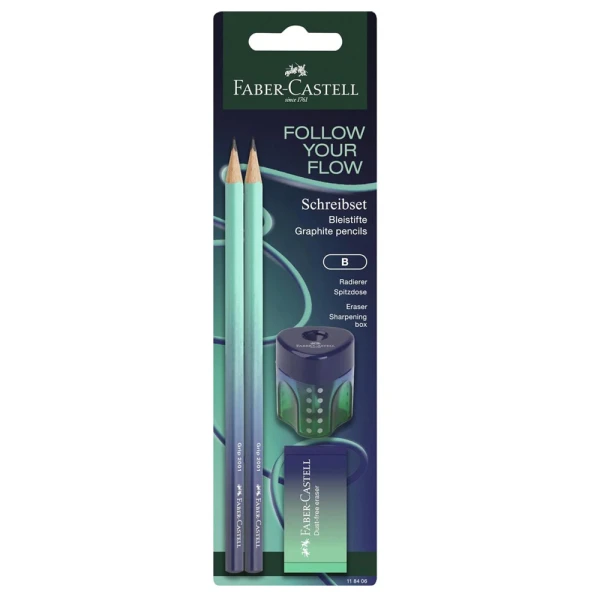 FABER-CASTELL ΣΕΤ 2 ΤΡΙΓΩΝΙΚΑ ΜΟΛΥΒΙΑ ΓΟΜΑ ΚΑΙ ΞΥΣΤΡΑ AUTO FLOW BUZZING ΠΡΑΣΙΝΟ-ΜΠΛΕ