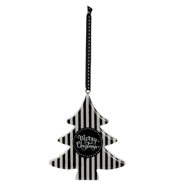 WOODEN HANGING ORNAMENTS STAR & TREE WITH BLACK STRIPE - 6 DESIGNS