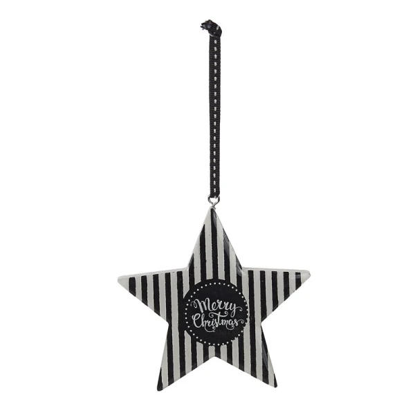 WOODEN HANGING ORNAMENTS STAR & TREE WITH BLACK STRIPE - 6 DESIGNS