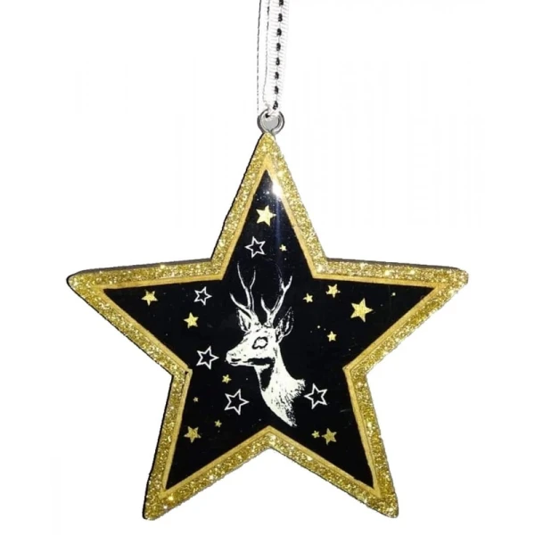 WOODEN HANGING ORNAMENTS STAR & TREE WITH GOLD OUTLINE - 4 DESIGNS
