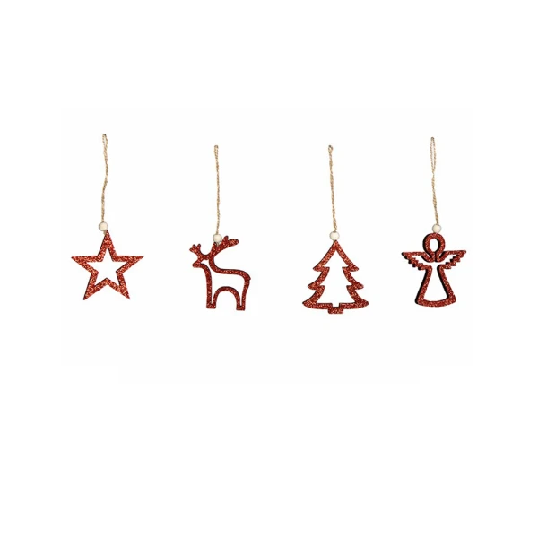 CHRISTMAS WOODEN ORNAMENT WITH GLITTER RED 8 cm - 4 DESIGNS
