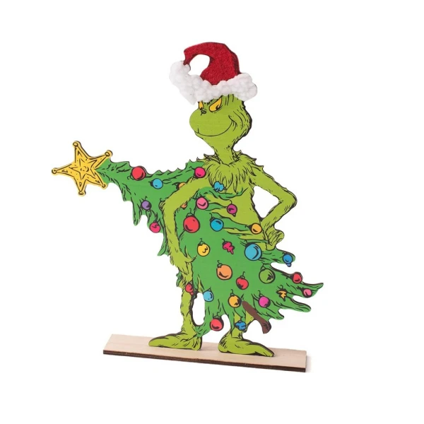 TABLETOP WOODEN DECORATIVE GRINCH STEALING XMAS TREE 28 cm